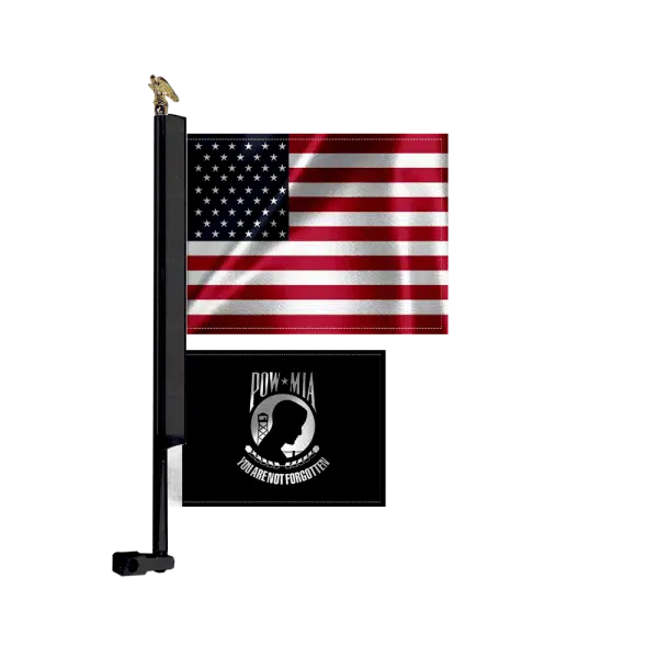 18in Black 2 Flag MC Flag Mount with US Flag & POW/MIA Flag and Eagle