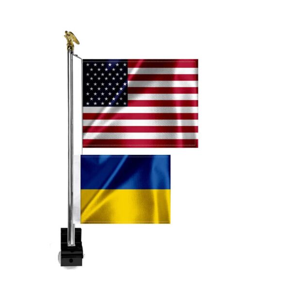Chrome Car Flag Mount With US & Ukraine Flag